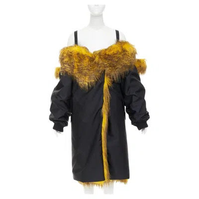 Pre-owned Raf Simons Rare Prada 2021  Runway Faux Fur Oversized Off Shoulder Bomber Coat Xs In Black