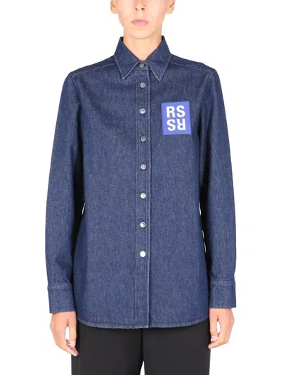 Raf Simons Shirt Jacket With Logo Patch In Blue