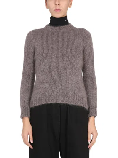 Raf Simons Mohair Crewneck Sweater With Patch Logo In Beige