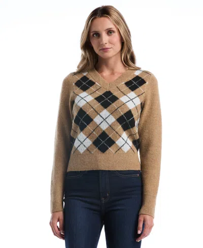 Rafaella Petite Argyle Jacquard V-neck Sweater In Brown