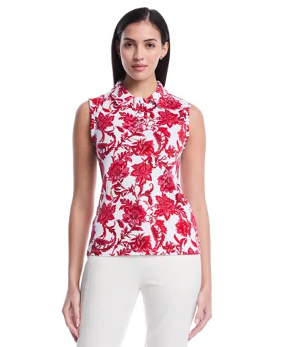 Rafaella Petite Botanical Print Ruffle Trim Sleeveless Polo Shirt In Pink