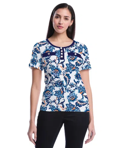 Rafaella Petite Botanical Short-sleeve Top In Blue