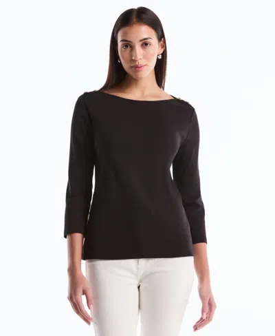 Rafaella Petite Button Detail Boat Neck Top In Black