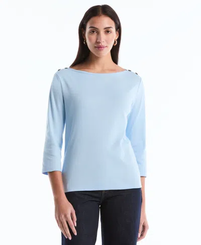 Rafaella Petite Button Detail Boat Neck Top In Blue