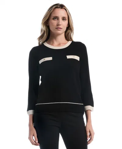 Rafaella Petite Colorblock 3/4-sleeve Sweater In Black