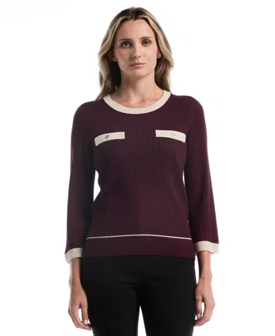 Rafaella Petite Colorblock 3/4-sleeve Sweater In Burgundy