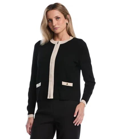 Rafaella Petite Colorblock Zip-up Crewneck Cardigan In Black