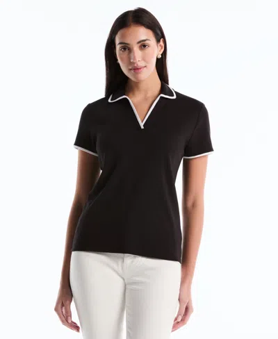 Rafaella Petite Contrast Trim Johnny Collar Polo Shirt In Black