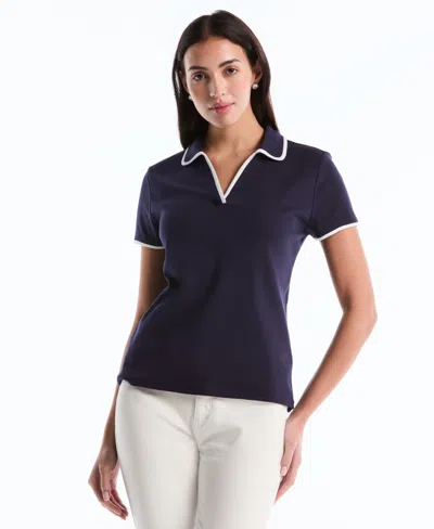 Rafaella Petite Contrast Trim Johnny Collar Polo Shirt In Blue