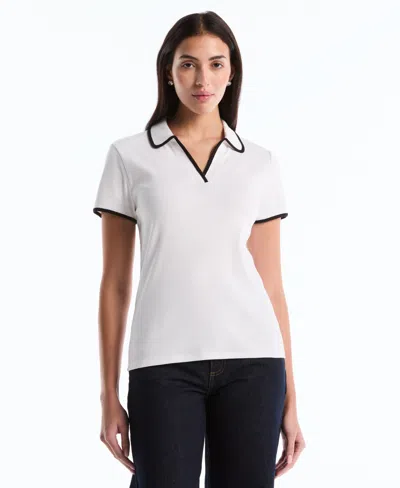Rafaella Petite Contrast Trim Johnny Collar Polo Shirt In White
