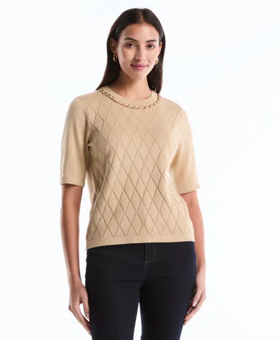 Rafaella Petite Diamond Stitch Crew Neck Sweater In Neutral