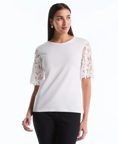 Rafaella Petite Draped Lace Crew Neck Top In White