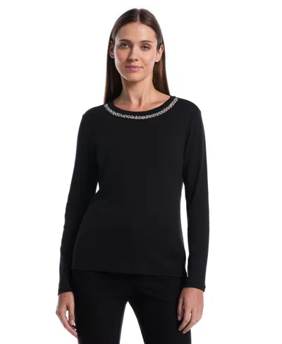 Rafaella Petite Embellished Crewneck Long-sleeve Blouse In Black