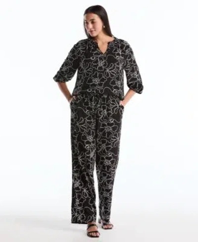 Rafaella Petite Floral Embroidered 3 4 Sleeve Blouse Floral Embroidered Drawstring Pants In Black