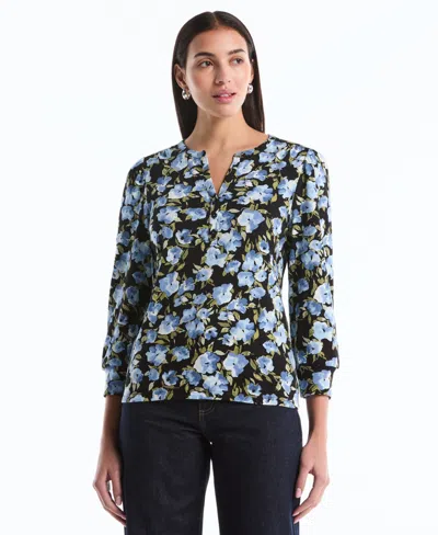 Rafaella Petite Floral Print Shirred Henley Neck Top In Black