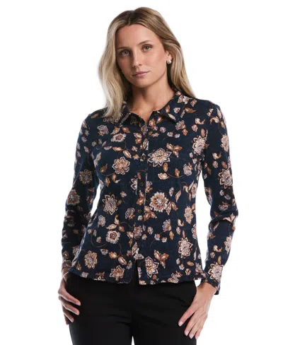 Rafaella Petite Floral Ruffle-trim Long-sleeve Blouse In Blue