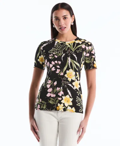 Rafaella Petite Garden Print Button Detail Short-sleeve Top In Black