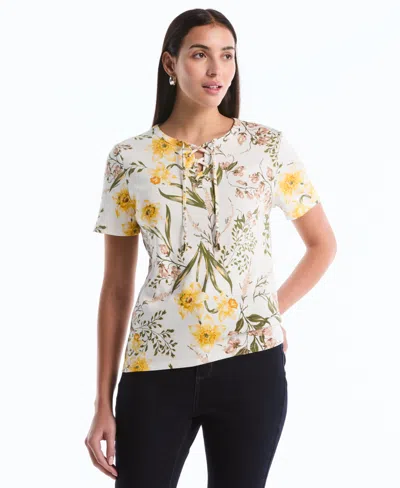Rafaella Petite Garden Print Lace-up Top In White