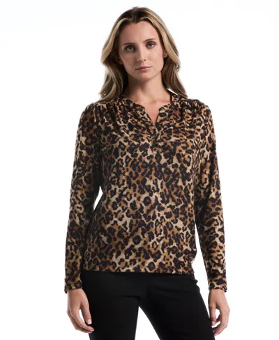 Rafaella Petite Leopard-print Split-neck Long-sleeve Blouse In Multi