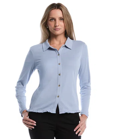 Rafaella Petite Long-sleeve Ruffle-trim Cotton Shirt In Blue