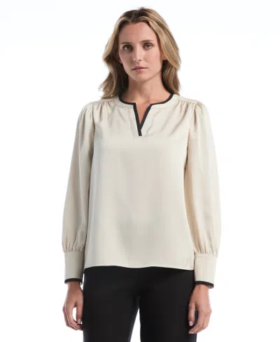 Rafaella Petite Long-sleeve Split-neck Satin Blouse In Neutral