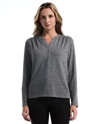 Rafaella Petite Long-sleeve Split-neck T-shirt In Gray