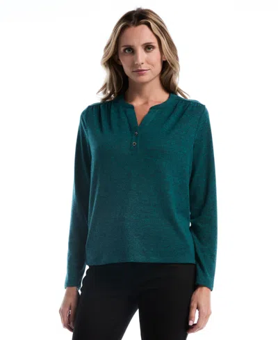 Rafaella Petite Long-sleeve Split-neck T-shirt In Green