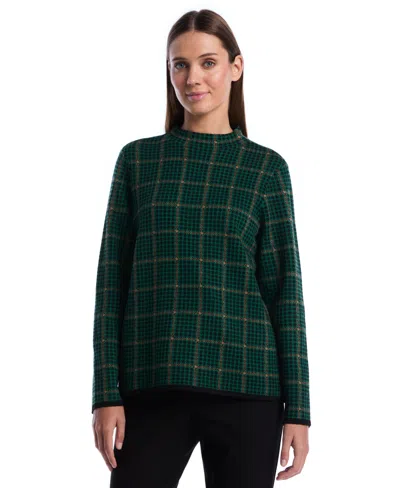 Rafaella Petite Mock-neck Long-sleeve Plaid Pullover Sweater In Green