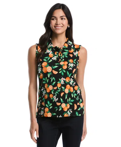 Rafaella Petite Orange Print Ruffle-trim Sleeveless Polo Shirt In Multi