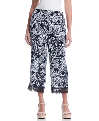 Rafaella Petite Paisley Crochet Trim Pants In Blue