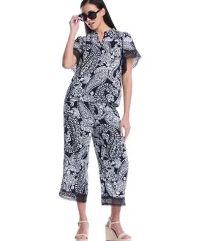 Rafaella Petite Paisley Print Flutter Lace Short Sleeve Blouse Crochet Trim Pants In Blue