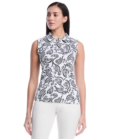 Rafaella Petite Paisley Print Ruffle Trim Sleeveless Polo Shirt In White
