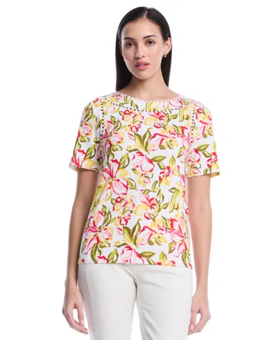 Rafaella Petite Petal Print Short-sleeve Top In Multi