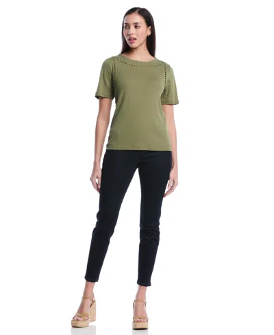 Rafaella Petite Pom Trim Detail Short-sleeve Top In Green