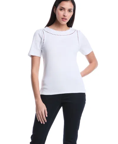 Rafaella Petite Pom Trim Detail Short-sleeve Top In White