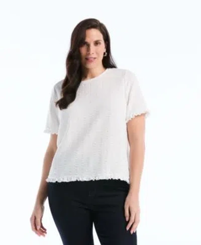 Rafaella Petite Puckered Ruffle Short Sleeve Top In White