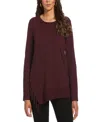 Rafaella Petite Ribbed Asymmetrical Fringe Hem Long Sleeve Top In Burgundy