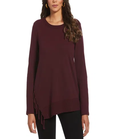 Rafaella Petite Ribbed Asymmetrical Fringe Hem Long Sleeve Top In Burgundy