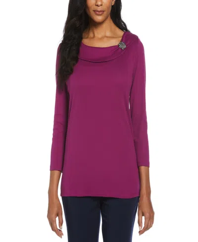 Rafaella Petite Ribbed Marilyn Neck 3/4 Sleeve Top With Decorative Brooch In Purple