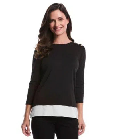 Rafaella Petite Rivet Detail Mixed Media Layered 3 4 Sleeve Top In Black