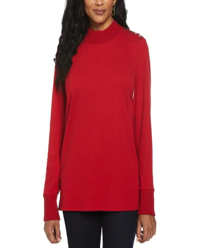 Rafaella Petite Rivet Detail Mock Neck Long Sleeve Top In Red