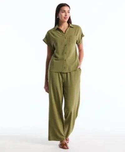 Rafaella Petite Roll Short Sleeve Shirt Drawstring Wide Leg Pants In Green