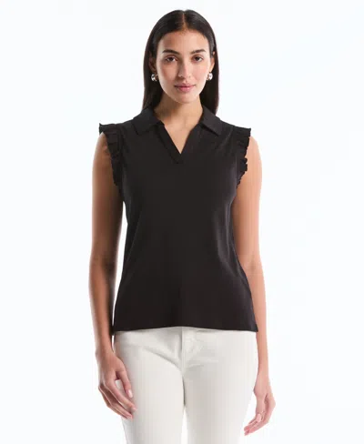 Rafaella Petite Ruffle Sleeveless Polo Shirt In Black