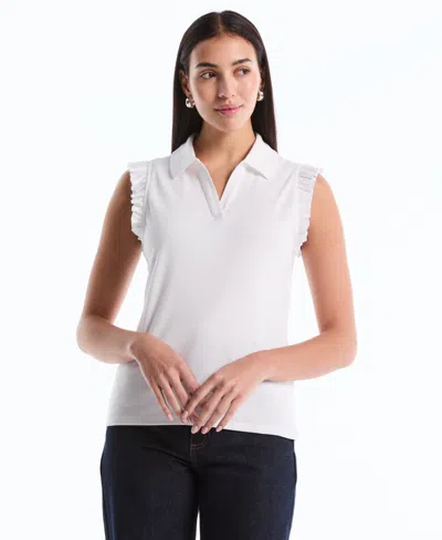 Rafaella Petite Ruffle Sleeveless Polo Shirt In White
