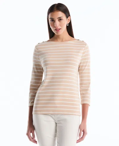 Rafaella Petite Stripe Button Detail Boat Neck Top In Neutral