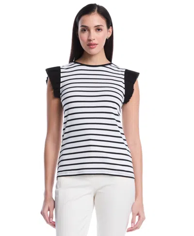 Rafaella Petite Striped Ruffle Cap-sleeve Top In White