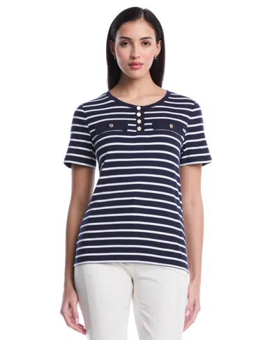 Rafaella Petite Striped Welt Pocket Short-sleeve Top In Blue