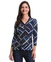 Rafaella Petite Tossed Stripe Print 3/4 Puff Sleeve V-neck Top In Blue