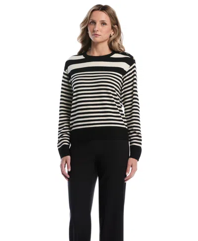 Rafaella Petites Striped Crewneck Long-sleeve Sweater In Black