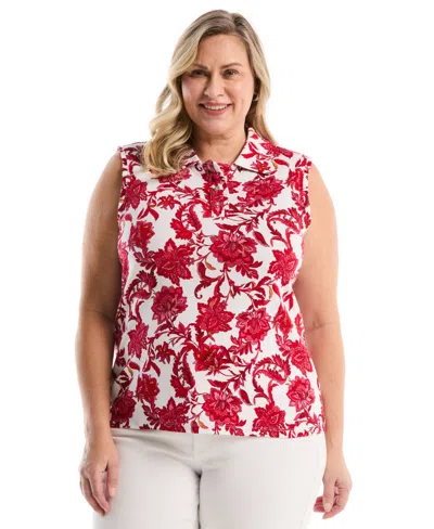 Rafaella Plus Size Botanical Print Ruffle Trim Sleeveless Polo Shirt In Multi